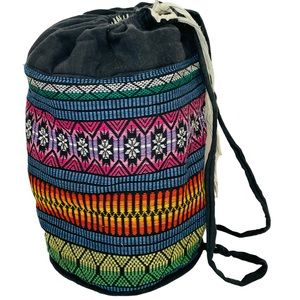 Large Embroidered Striped Pattern Drawstring Boho Bucket Weekender Travel Bag